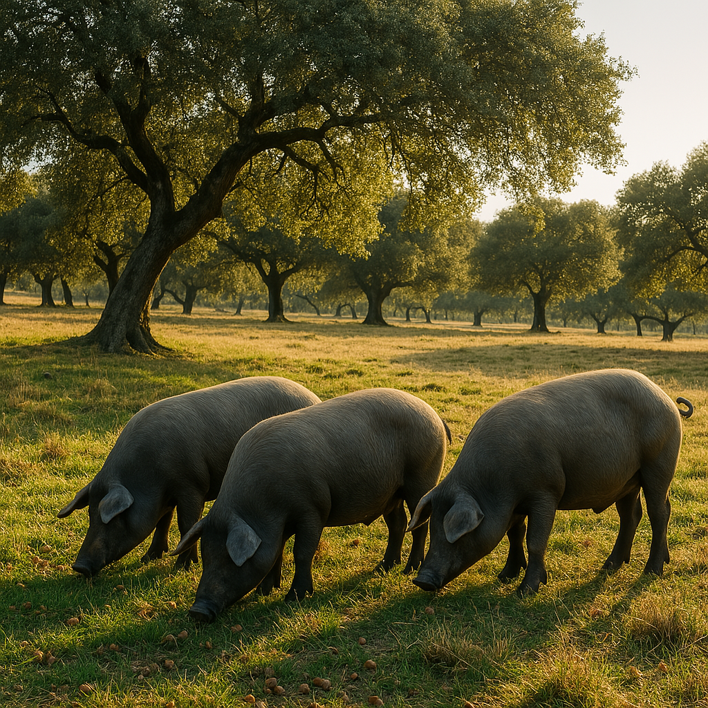 Iberian pigs feeding in the pastureland