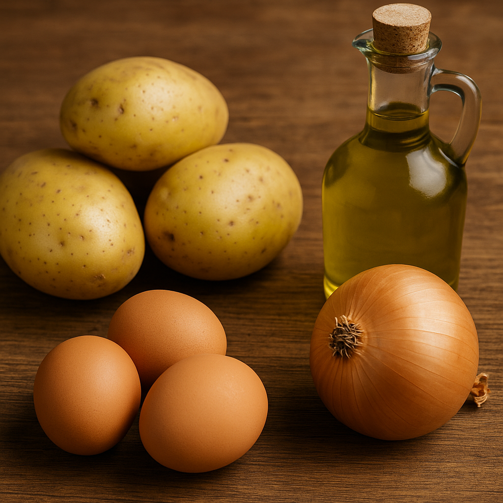 Fresh ingredients for a Spanish omelette: potatoes, onion, eggs and oil