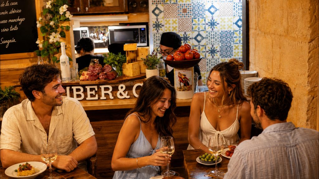 Friends sharing Spanish tapas and wine at Iber&Co in Valletta